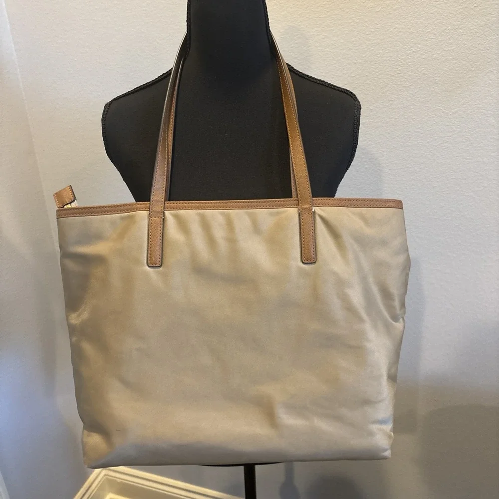 Michael Kors Montauk Nylon & Leather Shoulder Bag/Purse Khaki/Tan  gold hardware